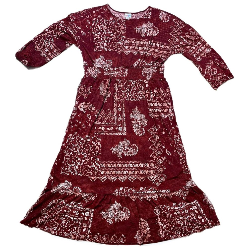 NEW L LuLaRoe Evelyn Smocked Waist Maxi Dress Long‎ Sleeve Red Paisley 90s Flowy